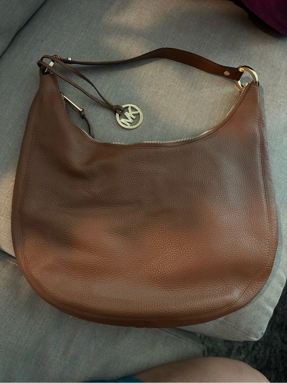 Michael Kors Chestnut Brown Pebbled Leather Hobo with Gold MK Charm